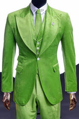 Cyril Fashionable Green Peaked Lapel Three-Piece Velvet Prom Ensemble