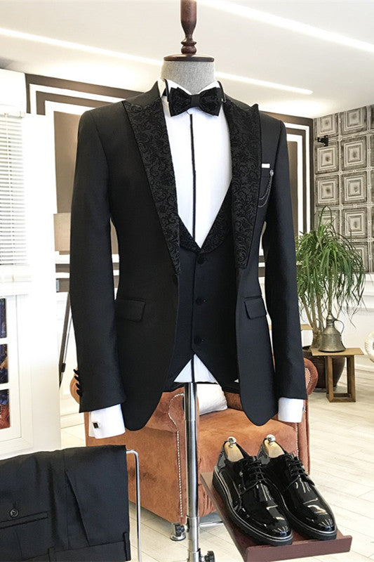 Cyril Modern Black Three-Piece Prom Suit With Jacquard Peaked Lapel