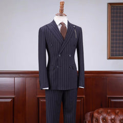 Cyril Special Navy Blue Striped Double-Breasted Peaked Lapel Business Suit