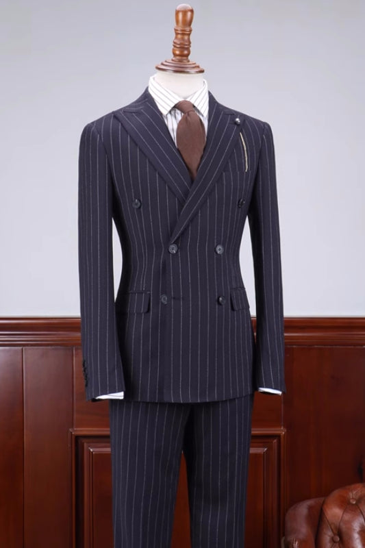 Cyril Special Navy Blue Striped Double-Breasted Peaked Lapel Business Suit