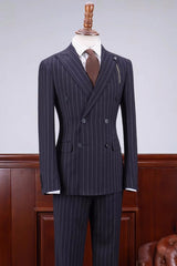 Cyril Special Navy Blue Striped Double-Breasted Peaked Lapel Business Suit