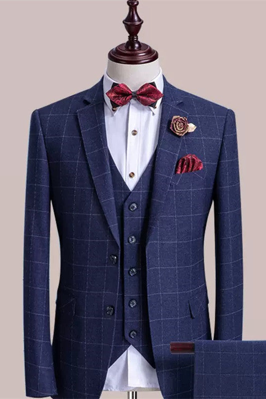 Dana Bespoke Blue Plaid Three-Piece Notched Lapel Business Suit