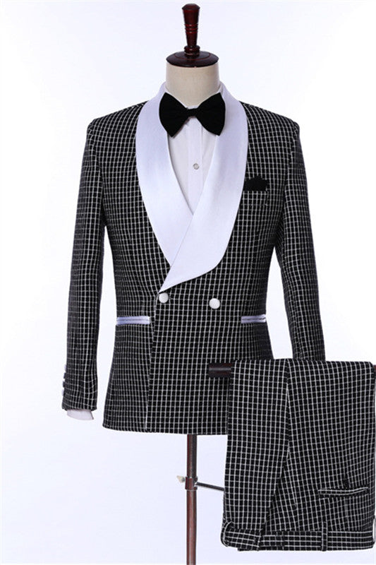 Daniel Elegant Black Shawl Collar Double Breasted Plaid Groom's Suit