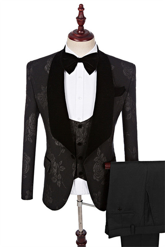 Darcy Chic Black Jacquard Three-Piece Shawl Collar Groom's Suit