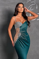 Dark Green Column Spaghetti Straps Beadings Sleeveless Prom Dresses with Ruffles-misshow.com