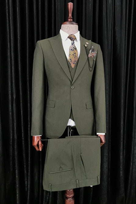 Dark Green Three-Piece Peak Lapel Business Suits