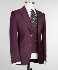 Darrell Trendy Burgundy Three-Piece Peak Lapel Men’s Suits