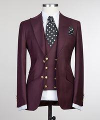 Darrell Trendy Burgundy Three-Piece Peak Lapel Men’s Suits