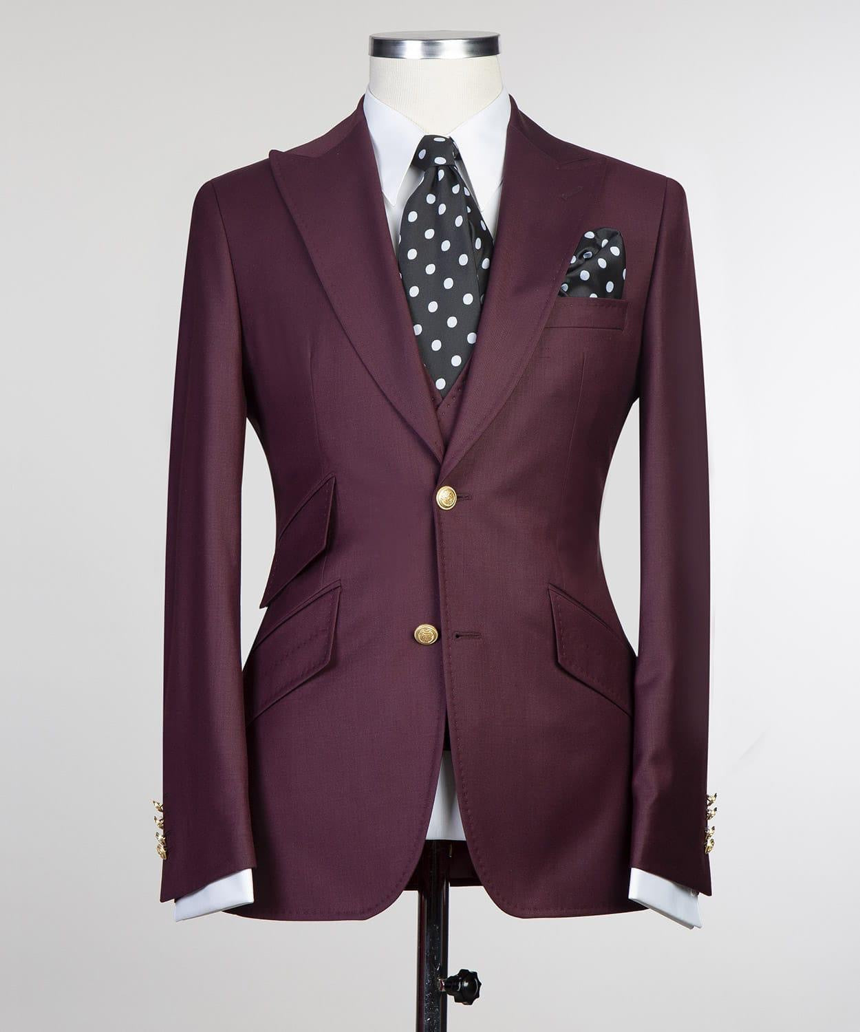 Darrell Trendy Burgundy Three-Piece Peak Lapel Men’s Suits