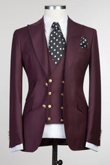 Darrell Trendy Burgundy Three-Piece Peak Lapel Men’s Suits