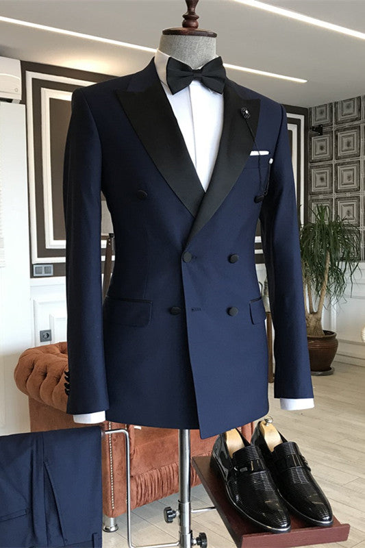 Darren Chic Navy Blue Double Breasted Peaked Lapel Business Suit