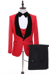 Dave Fancy Red Jacquard Three-Piece Shawl Collar Groom's Suit