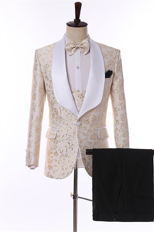 David Contemporary Champagne Jacquard Three-Piece Wedding Suit