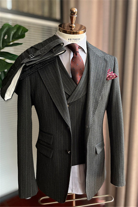 David Latest Gray Striped Peak Lapel Business Suit for Men