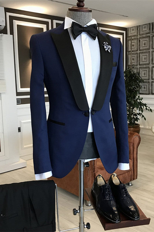 David Simple Navy Blue Peaked Lapel Two-Piece Prom Suit