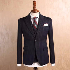 Davis Suave Black Striped Peak Lapel Three Piece Business Attire