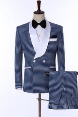 Dean Contemporary Navy Blue Dot Shawl Collar Groom's Wedding Outfit