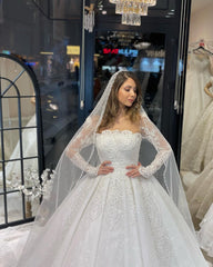 Deluxe Floor Length Long Sleeves A-Line Lace Wedding Dress with Ruffles-misshow.com