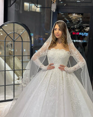 Deluxe Floor Length Long Sleeves A-Line Lace Wedding Dress with Ruffles-misshow.com