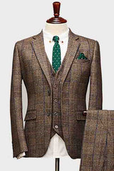 Dempsey Classic Coffee Plaid Notched Lapel Three-Piece Business Suit