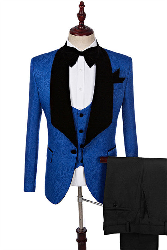 Dennis Modern Royal Blue Jacquard Three-Piece Shawl Collar Groom's Suit