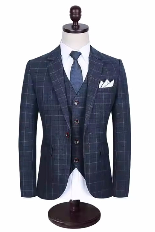 Dennis Refined Navy Notched Lapel Three-Piece Plaid Business Suit