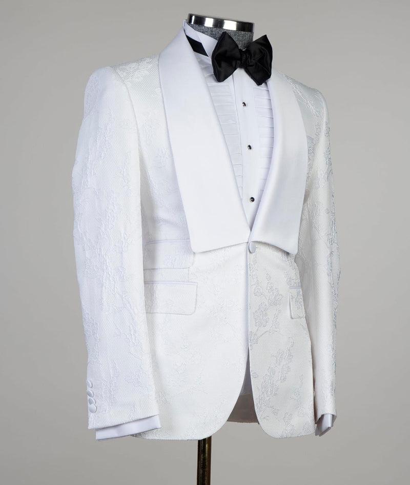 Dennis White Jacquard Shawl Lapel Three-Piece Men’s Wedding Suit