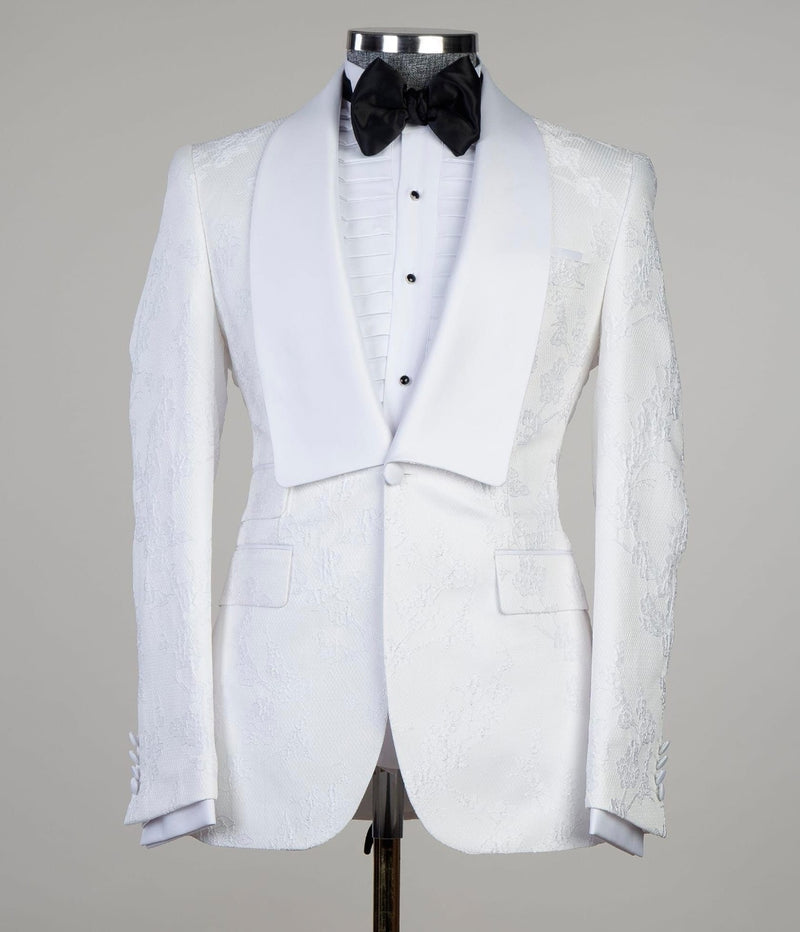 Dennis White Jacquard Shawl Lapel Three-Piece Men’s Wedding Suit