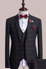 Derrick Fancy Black Plaid Three-Piece Notched Lapel Business Suit