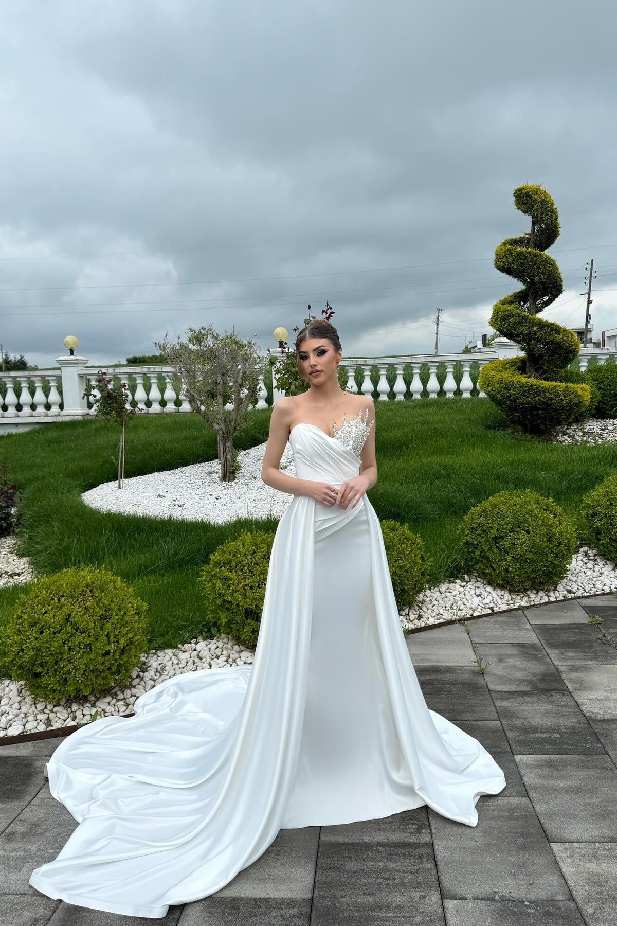 Designer A-Line Sweetheart Sleeveless Rhinestone Satin White Wedding Dress