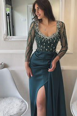 Designer Column Scoop Long Sleeve Rhinestone Satin Tulle Split Prom Dresses