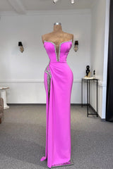 Designer Column Strapless Sleeveless Rhinestone Tulle Satin Split Front Prom Dresses