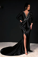 Designer Column V-Neck Long Sleeve Rhinestone Satin Black Prom Dresses