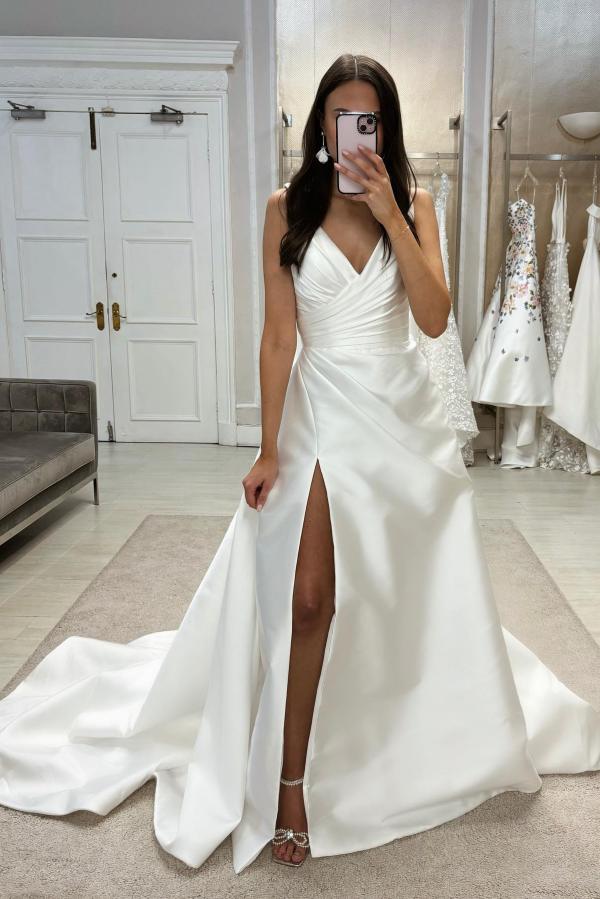 Designer Long A-Line V-neck Simple Satin Sleeveless Wedding Dress With Slit