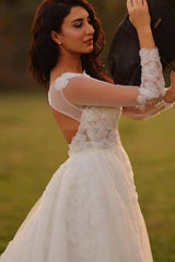 Designer Long A-line V-neck White Lace Wedding Dresses with Long Sleeves