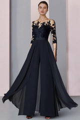 Designer Long Chiffon Festive Trouser Suits Lace Sleeves Mother of The Bride Dresses with Detachable Train