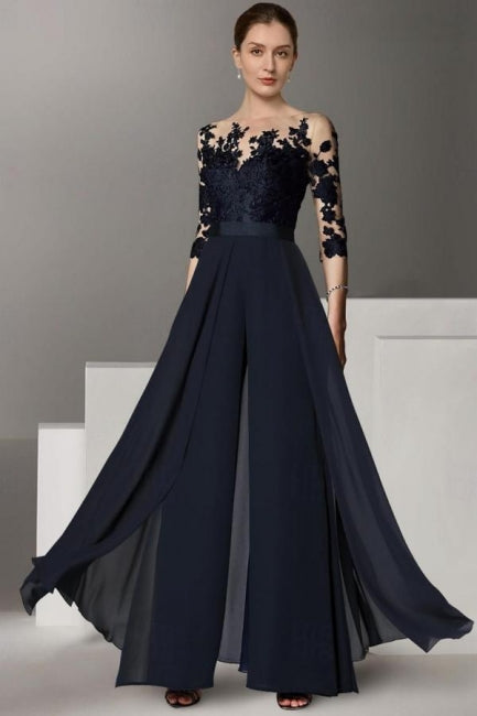 Designer Long Chiffon Festive Trouser Suits Lace Sleeves Mother of The Bride Dresses with Detachable Train