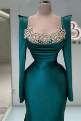 Designer Long Dark Green Beading Pearls Mermaid Prom Dresses with Long Sleeves