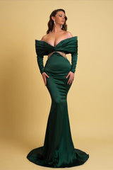 Designer Long Dark Green Mermaid Off-the-shoulder Rhinestones Prom Dress With Long Sleeves