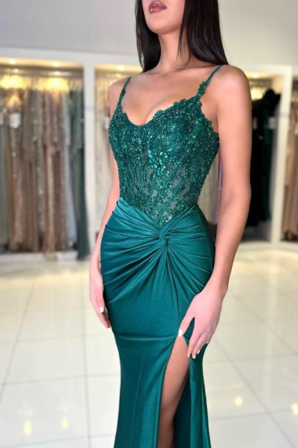 Designer Long Dark Green Mermaid Sleeveless Lace Prom Dress with Slit