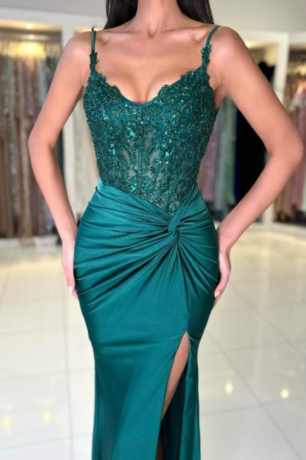 Designer Long Dark Green Mermaid Sleeveless Lace Prom Dress with Slit