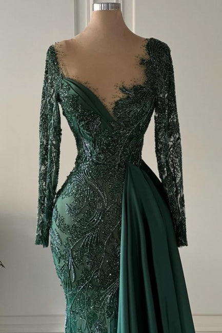 Designer Long Dark Green V-neck Lace Mermaid Prom Dresses with Long Sleeves