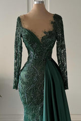 Designer Long Dark Green V-neck Lace Mermaid Prom Dresses with Long Sleeves