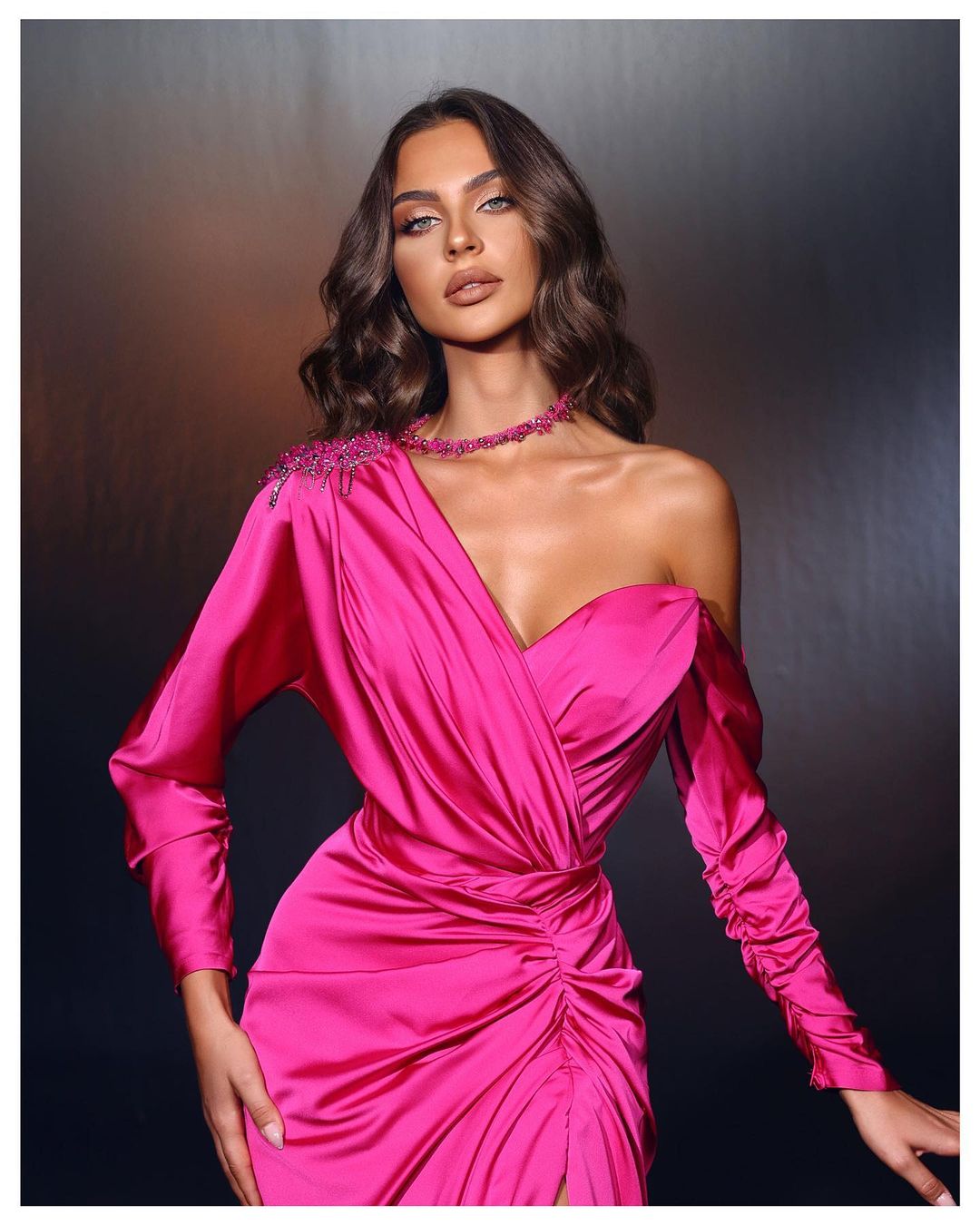 Designer Long Fuchsia One Shoulder Beading Long Sleeves Prom Dress With Slit