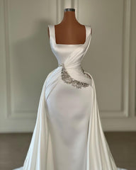 Designer Long Ivory A-line Straps Jewels Sleeveless Wedding Dress With Train