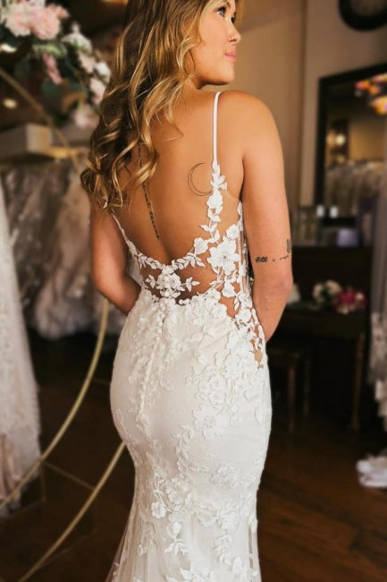 Designer Long Mermaid Spaghetti Straps V-neck Backless Wedding Dress