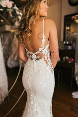 Designer Long Mermaid Spaghetti Straps V-neck Backless Wedding Dress