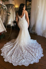 Designer Long Mermaid Spaghetti Straps Zippered Wedding Dresses Lace