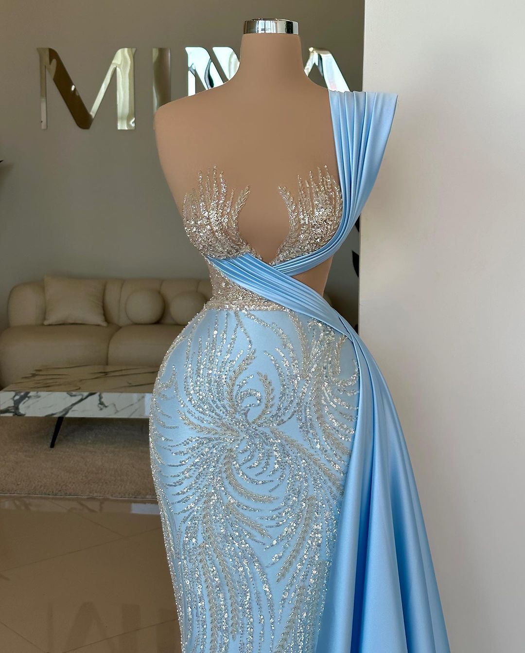 Designer Long Sky Blue One Shoulder Sequined Prom Dress With Lace