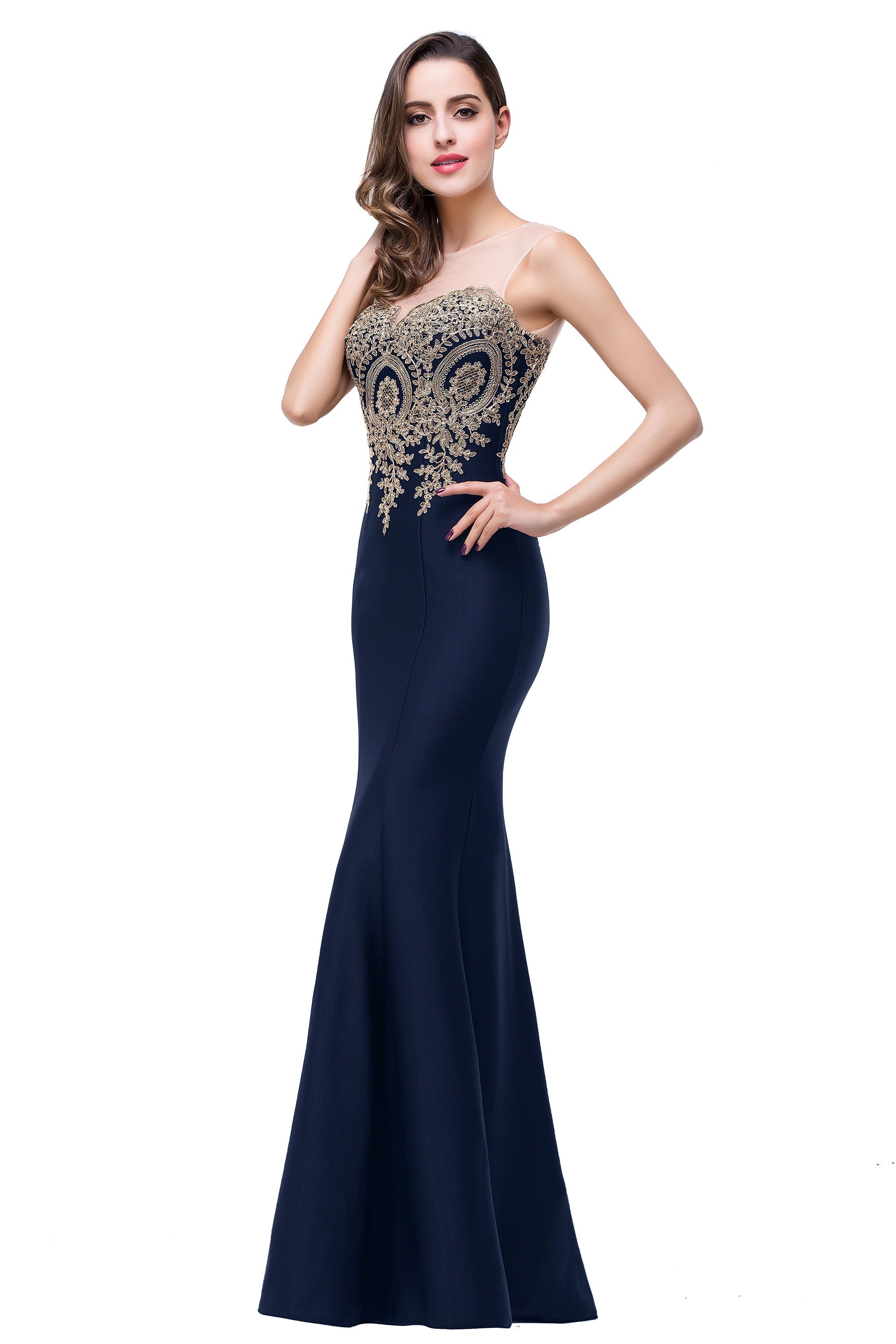 Designer Mermaid Floor-Length Sheer Floor Length Dresses with Rhinestone Appliques